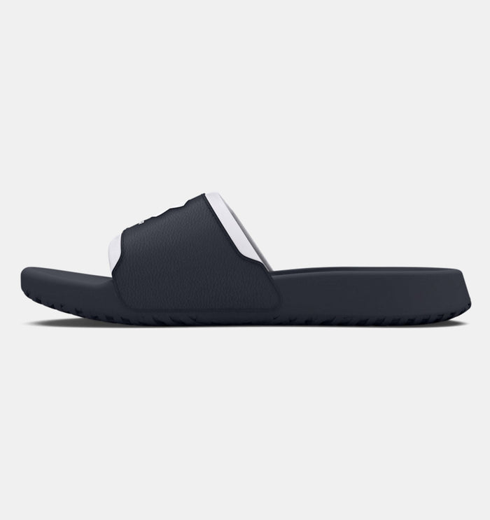Under Armour Ignite Select sandals in navy blue with textured strap and cushioned footbed, side view.