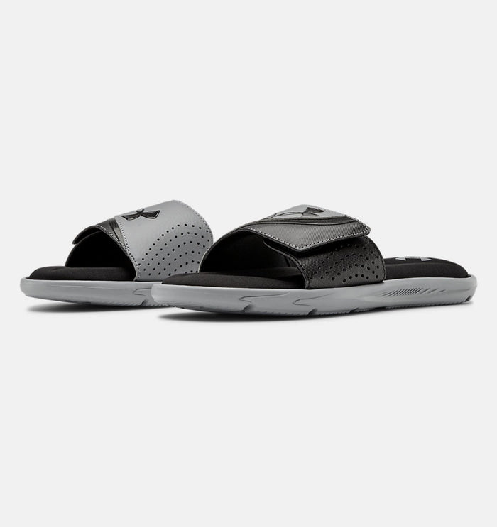 Under Armour Ignite VI SL slides in gray and black with perforated synthetic strap and cushioned footbed, angled front view.