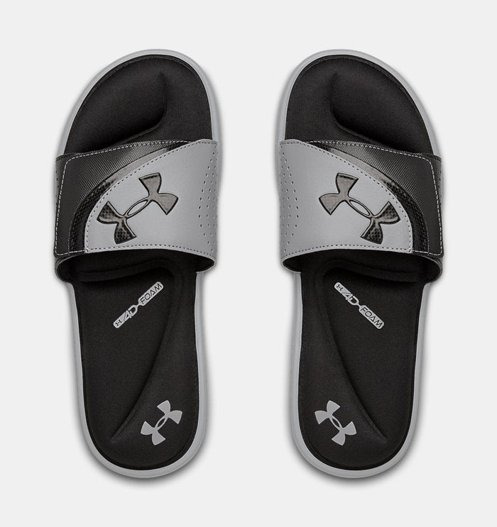 Under Armour Ignite VI SL slides in gray and black with perforated strap, foam cushioning, and logo detailing, top view.
