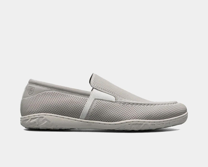 Stacy Adams Ilan loafers in light gray with perforated leather upper and cushioned sole, side view.