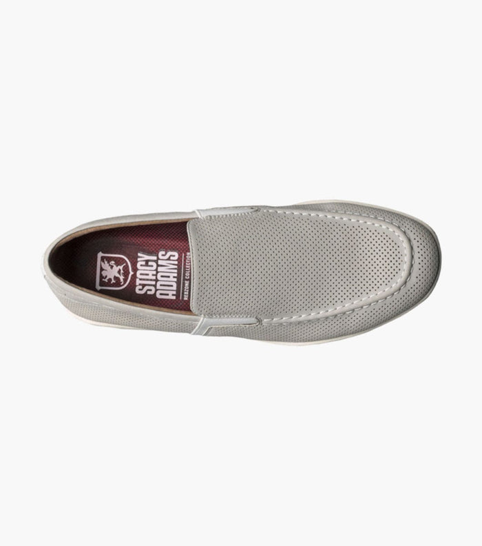 Stacy Adams Ilan slip-on shoes in light gray with perforated leather upper and stitched detailing, top view showing branded insole.