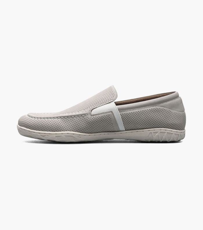 Stacy Adams Ilan loafers in light gray with perforated textured upper and slip-on design, side view.