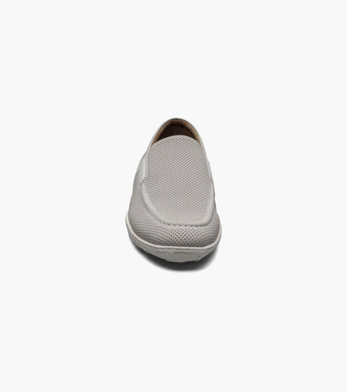 Stacy Adams Ilan loafers in light gray with perforated textured upper, front view showcasing rounded toe and slip-on design