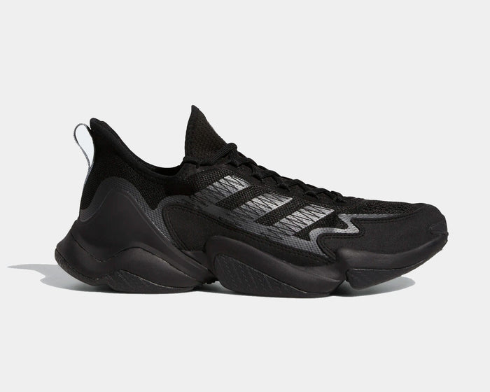 Adidas Impact FLX shoes in black with mesh upper, three-stripe detailing, and sculpted midsole, side view.