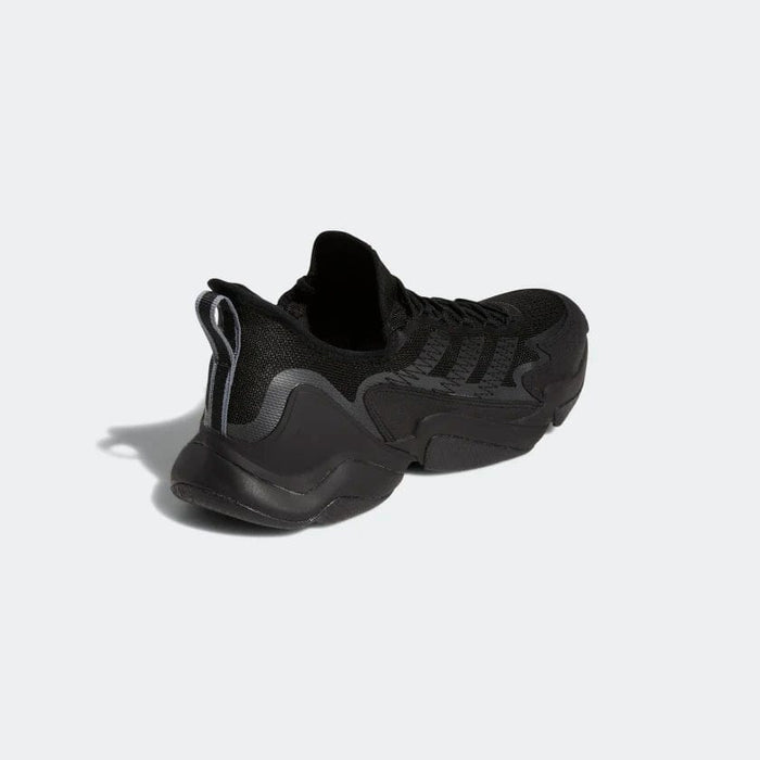 Adidas Impact FLX athletic shoes in black with textured mesh upper and sturdy heel support, rear angled view.
