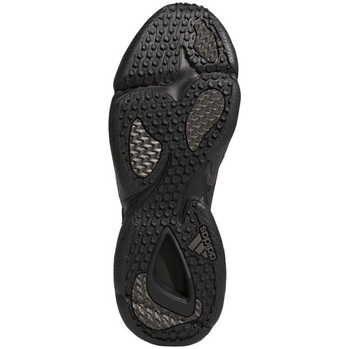 Adidas Impact FLX shoes outsole with textured grip, carbon fiber accents, and Adidas logo in black, sole/bottom view.