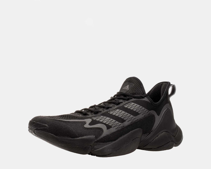Adidas Impact FLX sneakers in black with mesh upper, textured overlays, and lace-up closure, front-side view.