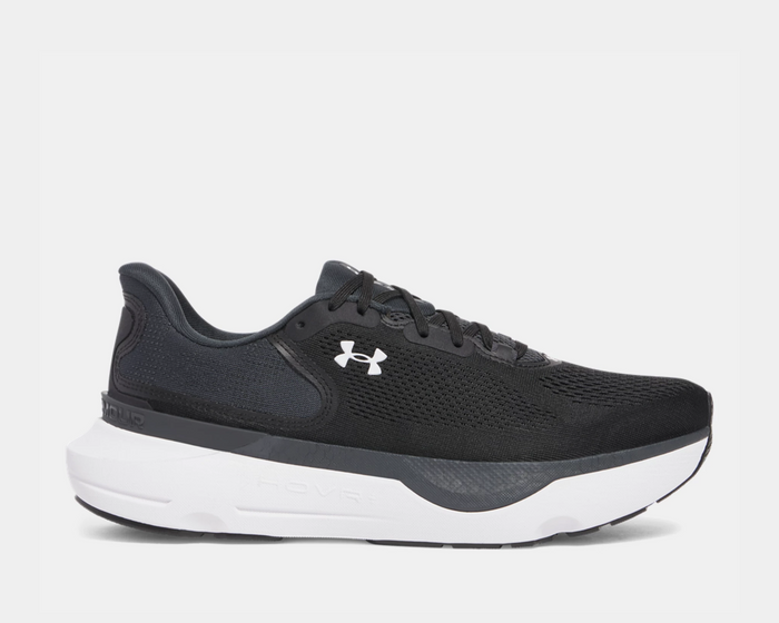 Under Armour Infinite Pro 2 running shoes in black with breathable mesh upper and cushioned white HOVR outsole, side view.