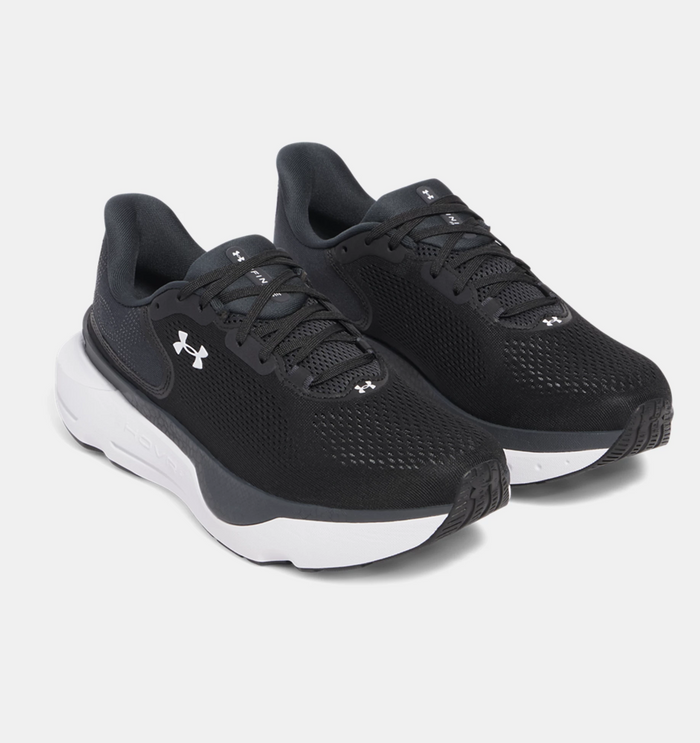 Under Armour Infinite Pro 2 running shoes with black mesh upper, white midsole, and black outsole, front side angle view.