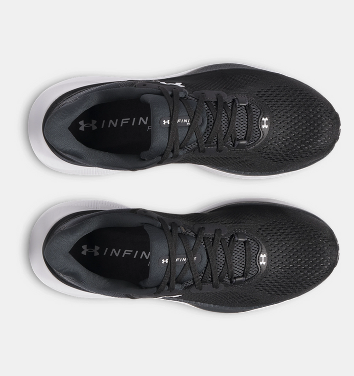 Under Armour Infinite Pro 2 running shoes, top view showing black mesh upper, lace system, and branded insole.
