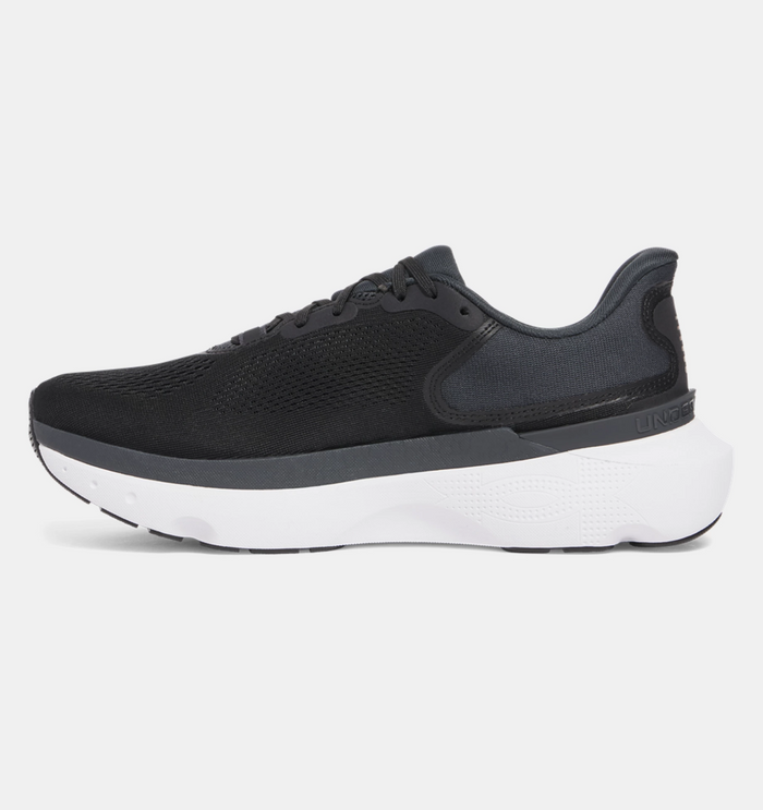 Under Armour Infinite Pro 2 running shoes, black mesh upper with reinforced heel and white cushioned midsole, side view.