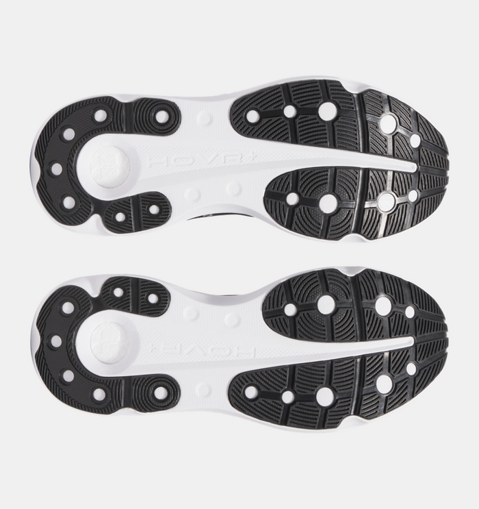 Under Armour Infinite Pro 2 running shoe outsole showing black rubber with traction patterns and white midsole details.