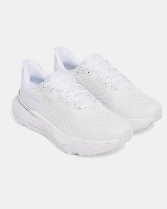 Under Armour Infinite Pro 2 running shoes in all-white with mesh upper, cushioned midsole, and lace-up closure, angled front view.