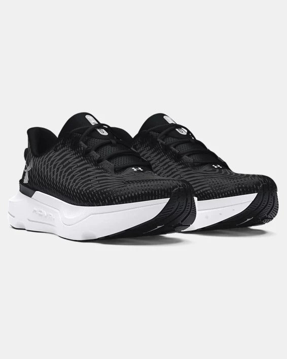 Under Armour Infinite Pro running shoes in black with a patterned mesh upper, white midsoles featuring HOVR cushioning, and lace-up closure, angled front view.