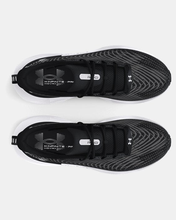 Under Armour Infinite Pro running shoes with black and white mesh upper featuring a patterned design and lace-up closure, top view.