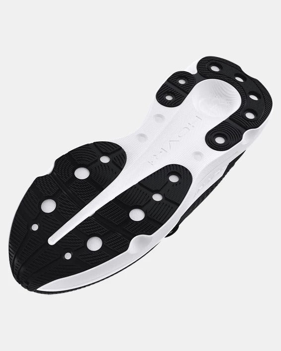 Under Armour Infinite Pro shoe outsole in black and white, featuring durable traction pattern and circular grip pods, bottom view.