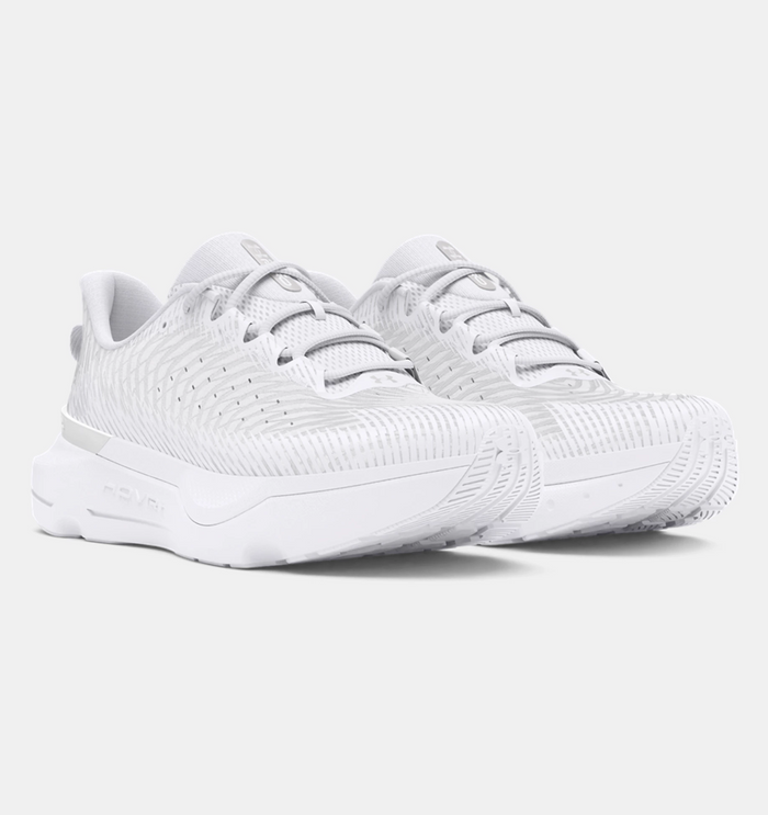 Under Armour Infinite Pro running shoes in all-white with a breathable mesh upper, tonal laces, and cushioned sole, front angle view.