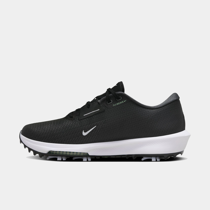 Nike Infinity Tour 2 golf shoes in black with Flyknit upper, white midsole, and integrated cleats, side view.