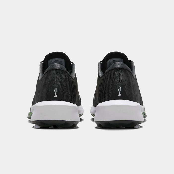 Nike Infinity Tour 2 golf shoes back view showing black textured upper, white midsole, and Nike Golf branding.