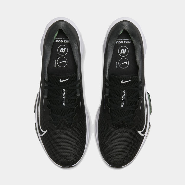 Nike Infinity Tour 2 golf shoes in black with white accents and mesh upper, top view showcasing lace system.