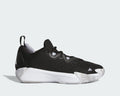 Adidas Initiation basketball shoes in black with a textured knit upper, white midsole, and marbled outsole, side view.