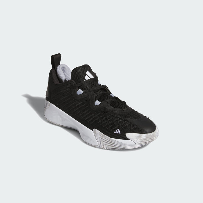 Adidas Initiation basketball shoes featuring a black mesh upper, white midsole, and angular silver accents, front angled view.