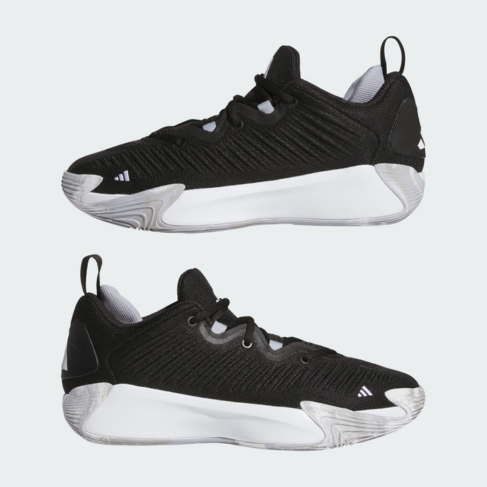 Adidas Initiation basketball shoes in black with textured mesh upper, white midsole, and translucent outsole, side view.