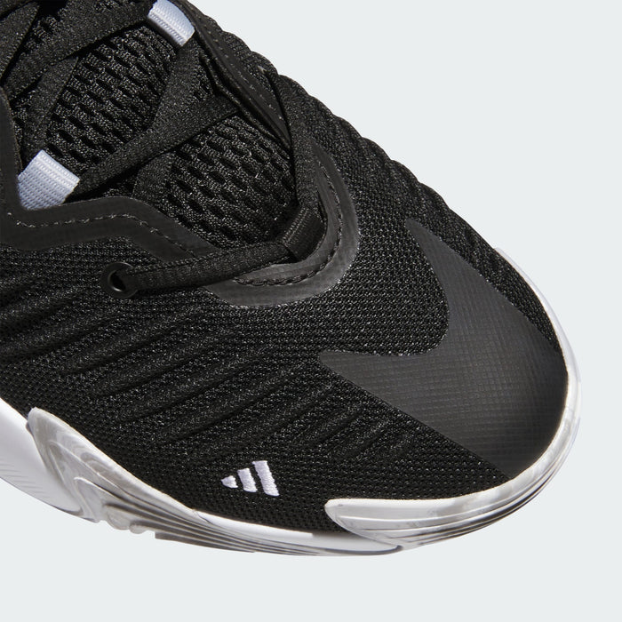 Adidas Initiation shoes black mesh upper with textured overlays and white logo details, close-up top front view.