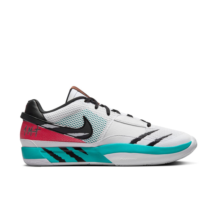 Nike Ja 1 "Scratch" basketball shoes in white with teal and red accents, black detailing, and lightweight mesh upper, side view
