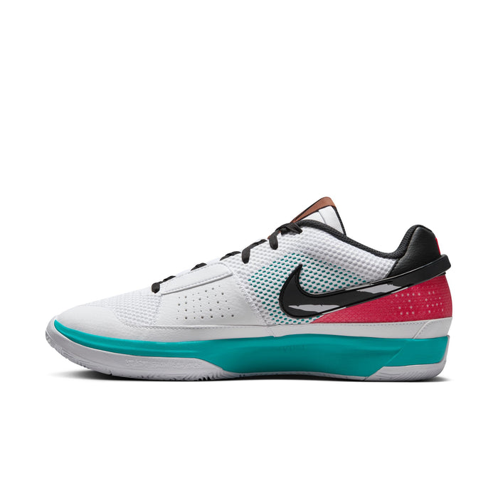 Nike Ja 1 "Scratch" basketball shoes in white with teal accents, black Swoosh, and red and black heel details, side view.