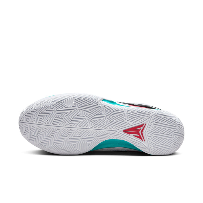 Nike Ja 1 Scratch basketball shoes outsole with white rubber, detailed herringbone traction pattern, and red logo accents.
