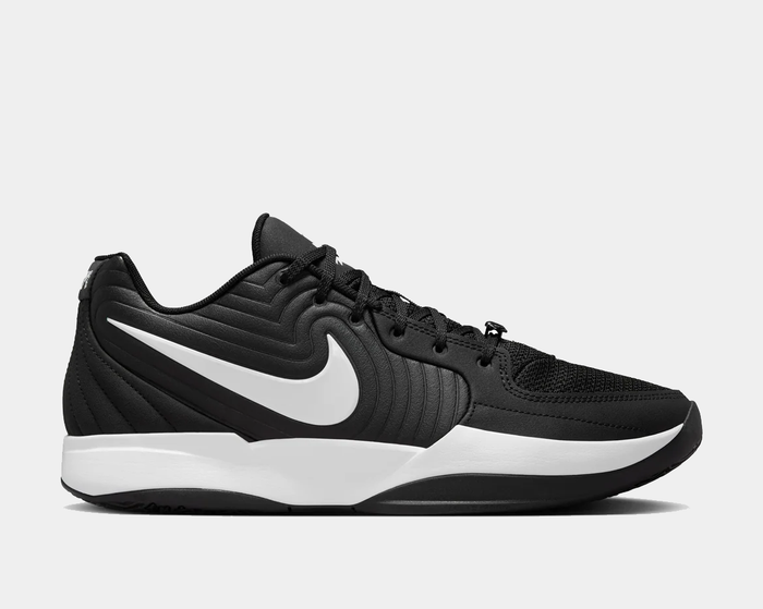 Nike Ja 2 basketball shoes in black with white logo, ribbed side panels, mesh toe box, and foam midsole, side view.