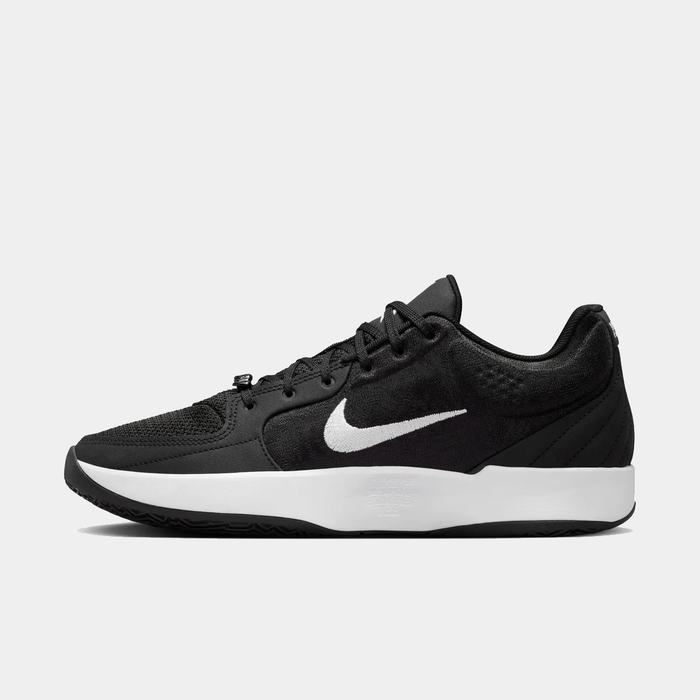 Nike Ja 2 basketball shoes in black with a white Swoosh logo and white midsole, side view featuring a low-top breathable design.