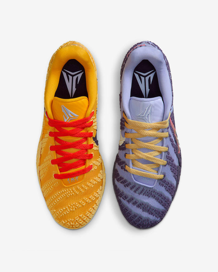 Nike Ja 3 "Channel 12" basketball shoes top view showing split design with one yellow and red pair and one purple and gold pair, featuring textured mesh uppers.