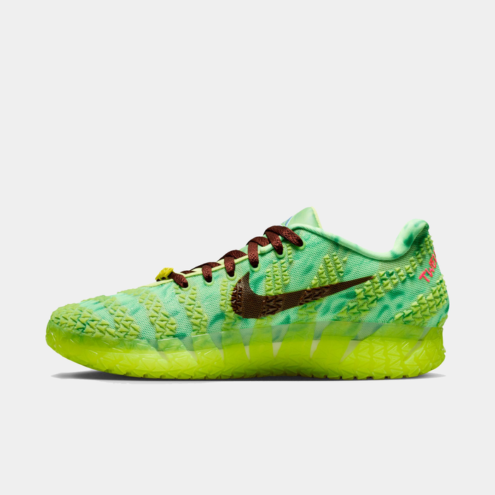 Nike Ja 3 "Halloween" basketball shoes in vibrant green with brown textured Nike Swoosh, red accents, and neon yellow outsole, side view.