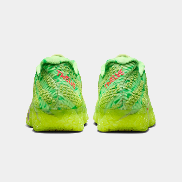 Nike Ja 3 "Halloween" basketball shoes back view with bright green mesh upper, textured heel details, and neon yellow outsole.