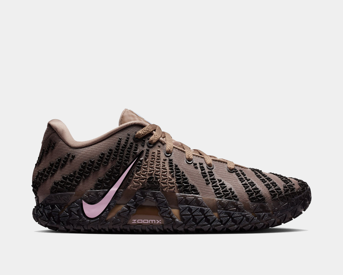 Nike Ja 3 Mink Brown basketball shoes in brown with black textured overlays, pink Swoosh logo, and ZoomX cushioning, side view.