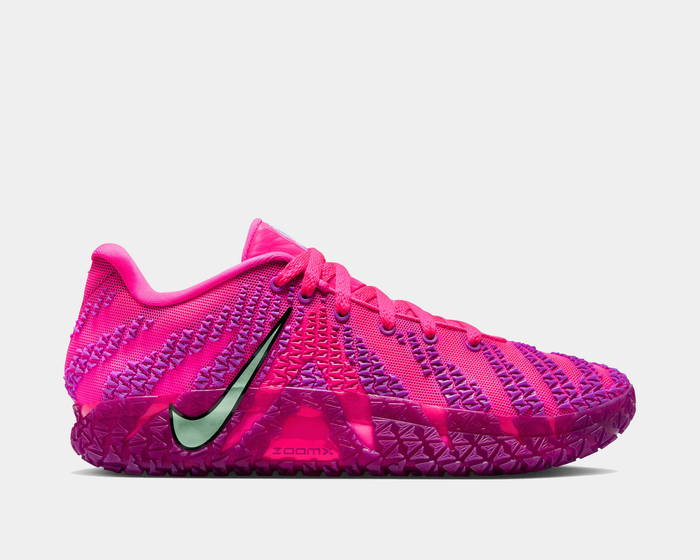 Nike Ja 3 "Price of Admission" basketball shoes, vibrant pink and purple mesh upper with textured details and green Nike swoosh, side view.