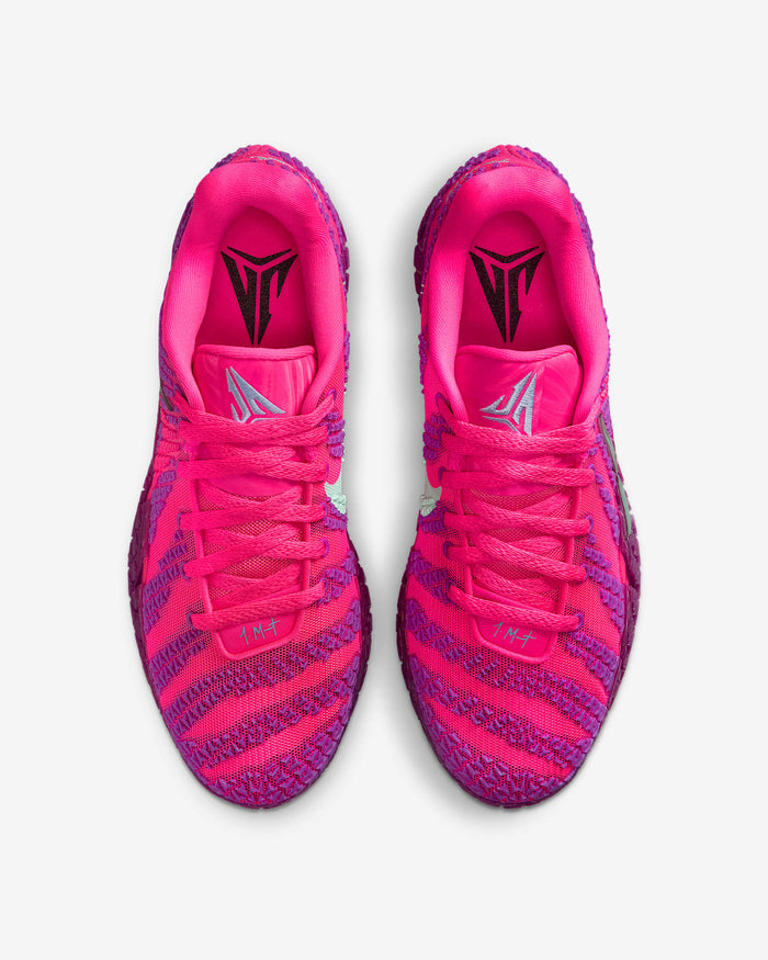 Nike Ja 3 "Price of Admission" basketball shoes top view in bright pink and purple with teal accents and textured mesh upper.