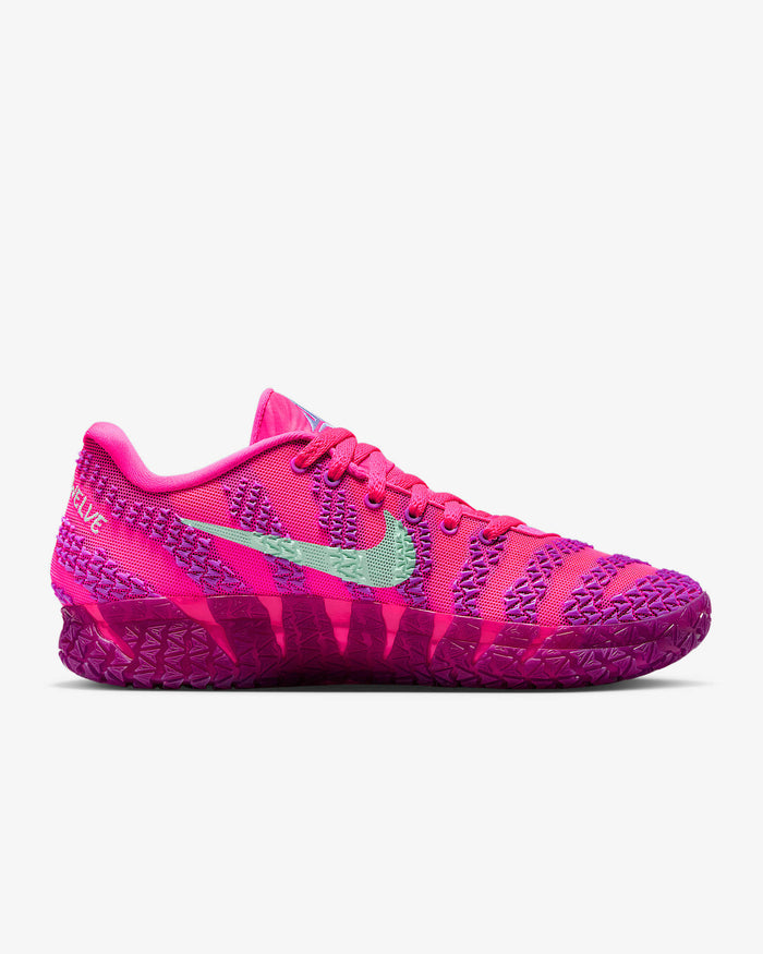 Nike Ja 3 "Price of Admission" basketball shoes in vibrant pink and purple with green Swoosh logo and textured outsole, side view.