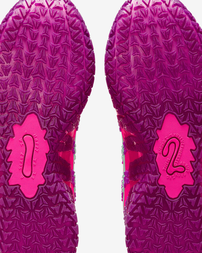 Nike Ja 3 "Price of Admission" basketball shoes outsole featuring textured traction pattern in vibrant pink and purple, sole view.