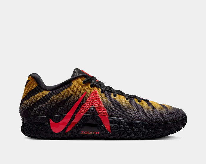 Nike Ja 3 x Jurassic Park "Raptor" basketball shoes with yellow, black, and red design featuring textured details and ZoomX cushioning, side view.