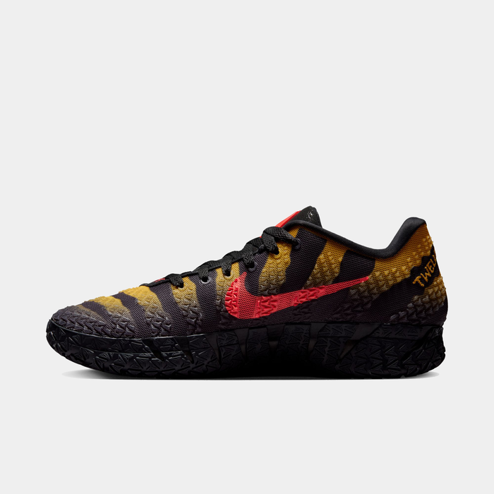 Nike Ja 3 x Jurassic Park "Raptor" basketball shoes with black, yellow, and red dinosaur-inspired design and textured red Nike Swoosh, side view.