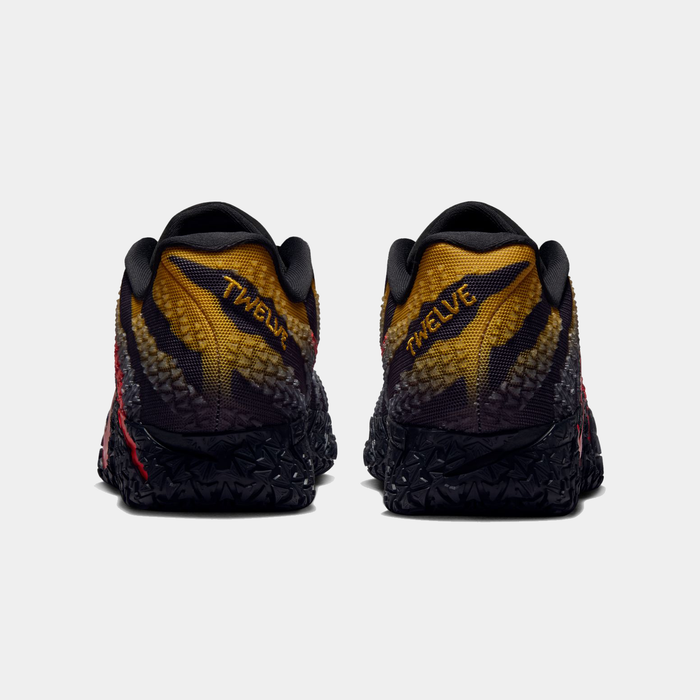 Nike Ja 3 x Jurassic Park "Raptor" basketball shoes with dinosaur-inspired graphics in black, yellow, and red accents, back view showing heel details.