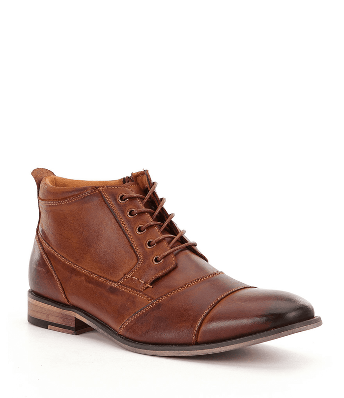 Steve Madden Jabbar boots in brown suede with cap toe design and lace-up closure, side angle view.
