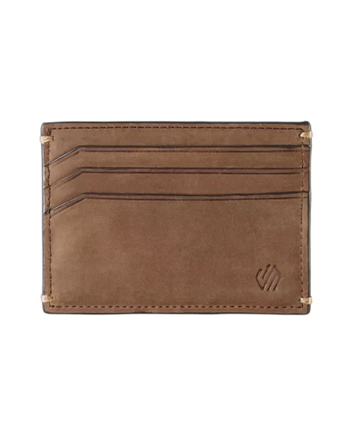 Johnston & Murphy Jackson Weekender Case wallet in tan leather with embossed logo, multiple card slots, front view.