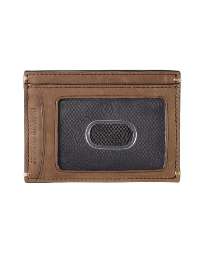Johnston & Murphy Jackson Weekender Case in brown leather with textured black center panel and ID window, front view.