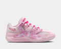 Nike KD 18 "Aunt Pearl" basketball shoes in pastel pink with floral graphics, mesh upper, pink laces, and speckled midsole, side view.