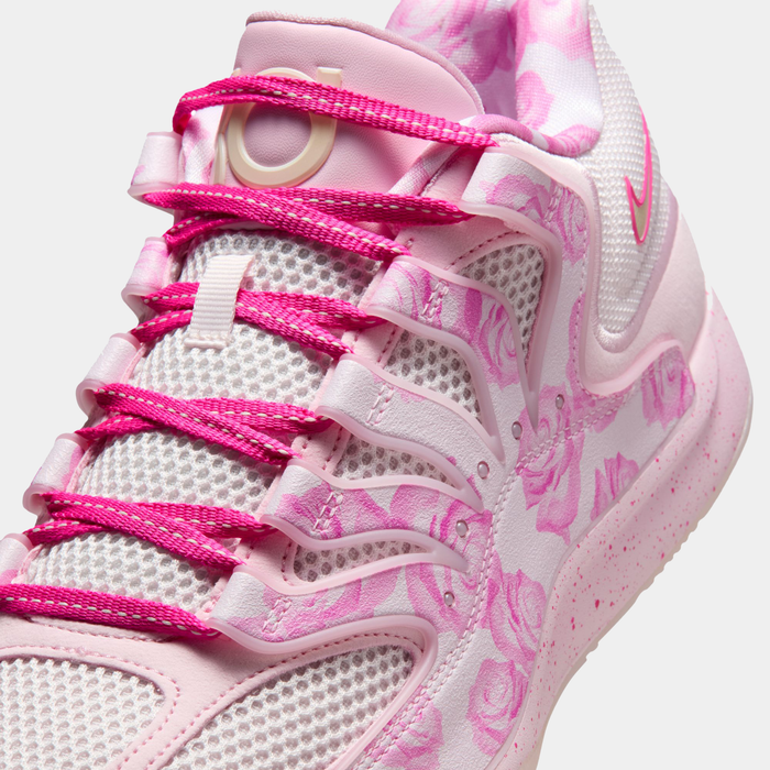 Nike KD 18 "Aunt Pearl" basketball shoes, close-up side view showing pink rose design, mesh upper, and vibrant pink laces.