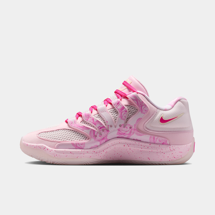 Nike KD 18 "Aunt Pearl" basketball shoes in pink with floral accents, mesh upper, speckled midsole, and side view of Swoosh logo.